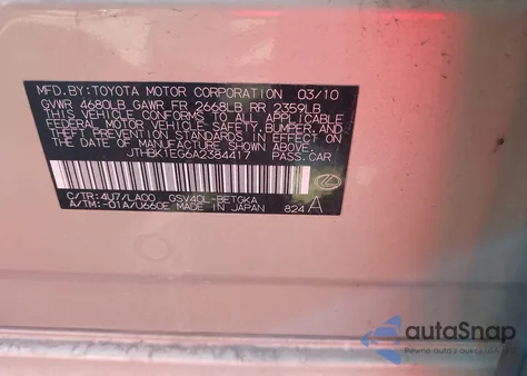 2010 Lexus Es 350 z USA, uszkodzony, nr VIN JTHBK1EG6A2384417